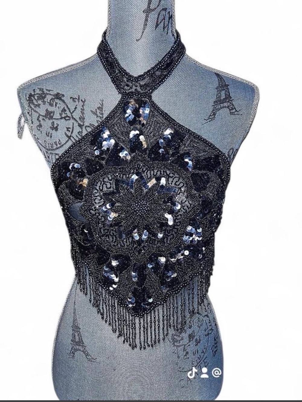 GRAIL Vintage Y2K Hand Beaded Sequin Medallion Halter Top Backless S